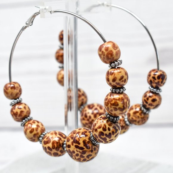 Oversized Wood Leopard Print Bead Hoop Earrings - Picture 6 of 11